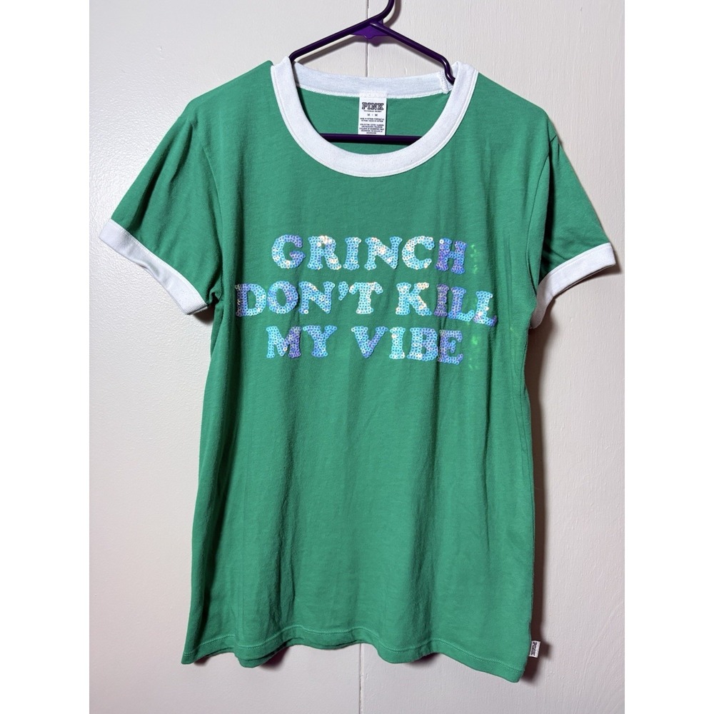 PINK M Green Ringer Tee "Grinch Don't Kill My Vibe" Y2K Holiday Casual Playful